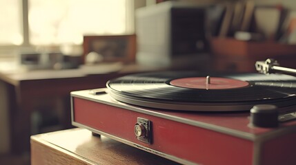 Obraz premium Vintage Red Turntable with Vinyl Record on Wooden Table