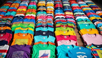 A neatly arranged collection of colorful t-shirts spread out on a table, showcasing a variety of designs and patterns for a casual and vibrant display, Generative AI