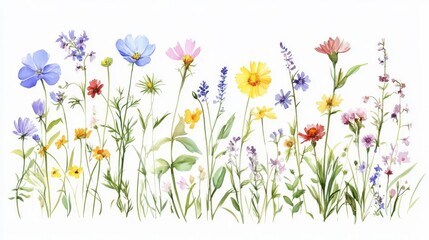 Beautiful watercolor illustration of a vibrant wildflower garden in full bloom with a variety of colorful flowers and green foliage.