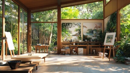 Fototapeta premium Light filled art studio with large windows overlooking lush tropical garden.
