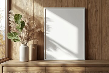 Poster Frame Mockup on Wooden Interior Background created with Generative AI