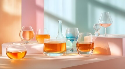 A stylish tasting setup featuring various spirits in elegant glassware, highlighting the art of tasting on a soft pastel backdrop