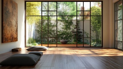 Fototapeta premium Sunlit Zen Room with Garden View.