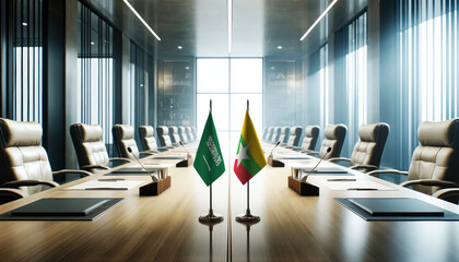 A modern conference room with Saudi Arabia and Myanmar flags on a long table, symbolizing a bilateral meeting or diplomatic discussions between the two nations.