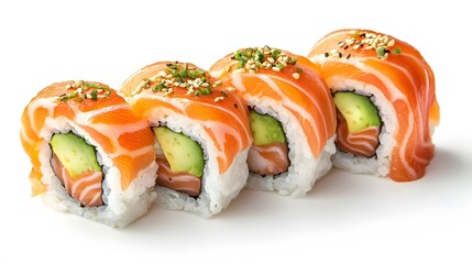 photography of a delicious sushi roll with avocado and salmon