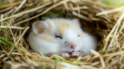 Hamster Bedding. Sleeping White Dwarf Hamster Nestled in Paper and Straw Nest