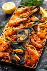 Close up of linguine pasta with shrimp and clams in garlic white wine sauce, garnished with herbs