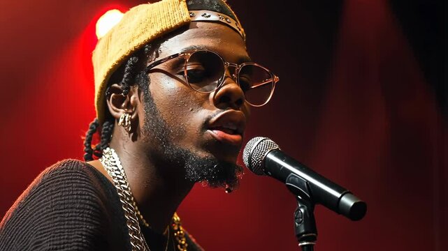 The singer performs in an intimate concert setting with bright lighting during the evening show, the African-American rapper raps into a microphone