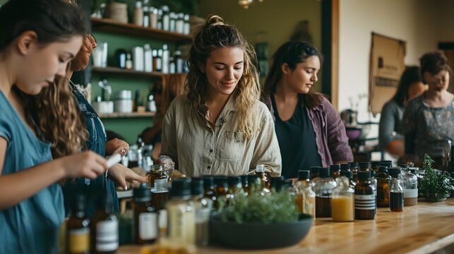 Sustainable living.. A cozy, inviting setting where a diverse group of women are engaged in creating natural skincare products, surrounded by herbs and essential oils. 