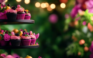 An enchanting close-up view of a whimsical tea party in a mystical garden