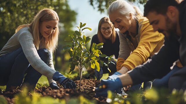 Sustainable living.. A diverse group of people planting a young tree together in a sunlit garden, emphasizing community engagement and environmental sustainability. 