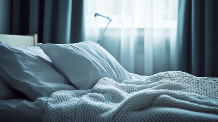 Highangle view of a peaceful bedroom, with a soft focus on a pillow and blanket, subtly suggesting an ominous presence or sudden tragedy, nighttime tragedy, unexpected loss