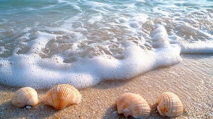 Seashells on Sandy Beach with Foamy Waves