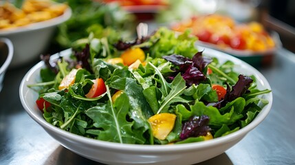 Fresh Green Salad with Tomatoes and Yellow Peppers in a White Bowl
