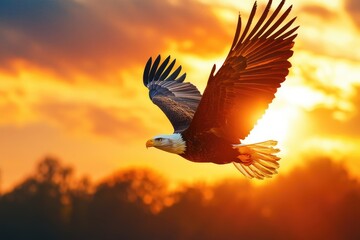 Soaring Eagle Mascot. Emblem of Freedom and Truth under Majestic Sky at Sunrise