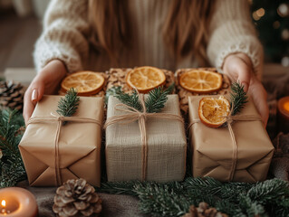 A cozy holiday scene of hands wrapping gifts with sustainable materials, promoting eco-friendly Christmas practices