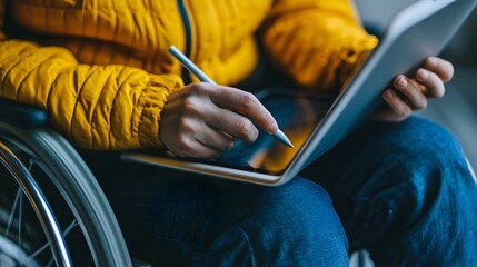 Tech accessibility. A person in a wheelchair wearing a bright yellow jacket is using a stylus on a tablet device, showcasing accessibility and modern technology. 