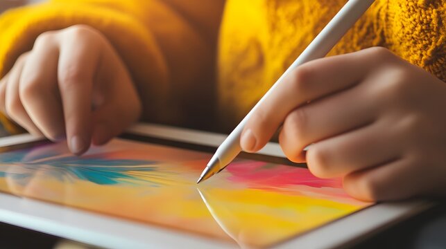 Tech accessibility. A close-up of a person&sbquo;&Auml;&ocirc;s hands holding a stylus and drawing on a tablet, showcasing vibrant colors and creativity in a cozy setting. 