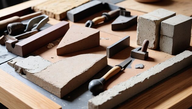 An array of masonry tools and materials on a table, including trowels, mortar, and stone blocks, showcasing essential items for brickwork and stonework projects, Generative AI