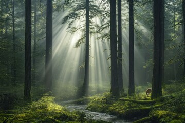 Obraz premium Sunbeams Illuminating a Misty Forest with a Deer by a Creek
