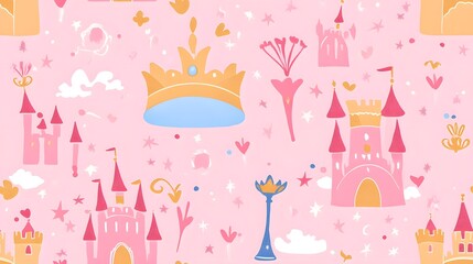 Fototapeta premium Tiling pattern of princess castles, crowns, and magical wands on a soft pink background, enchanting a
