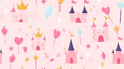 Tiling pattern of princess castles, crowns, and magical wands on a soft pink background, enchanting a