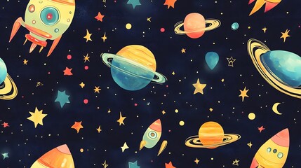 tiling wallpaper featuring space exploration th. Tiling wallpaper featuring space exploration themes with aliens, UFOs, and stars in a fun, imaginativ
