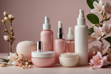Variety of Cosmetic Products Elegantly Placed on a Light Pink Background with White Jasmine Flowers