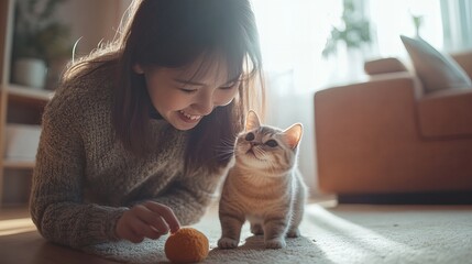woman playing with her cat on carpet in living room, pets owner relationship concept