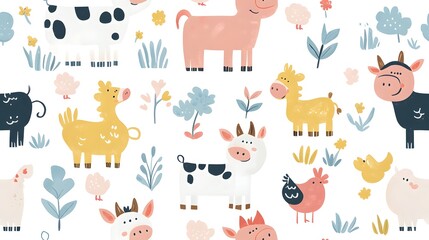 Farm animals wallpaper seamless tiled Tiling wallpaper with cute farm animals like cows, pigs, and chickens in a playful, colorful barnyard