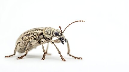 vine weevil insect on a pure white background. Vine weevil insect on a pure white background -. A close-up image of an intricate, textured beetle agai