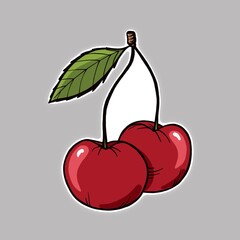 Sticker bright ripe red cherries on a branch on a leaves isolated  sketch illustration