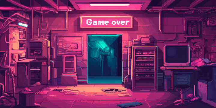 Illustration of a text "Game Over" in 3D futuristic pixel art style. Game Over written in 8-bit retro game style.