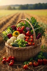 Beautiful Basket Full of Fresh Vegetables Standing in a Green Field, Symbolizing Abundance and Joy