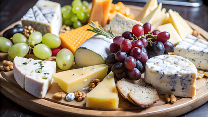 A sharp photo of a gourmet cheese platter with various types of cheeses and grapes