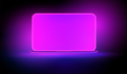 Neon computer with a pink screen.  Dark room with pink and blue lighting. Technology background with a laptop. Cyber gaming pc. Vector illustration.