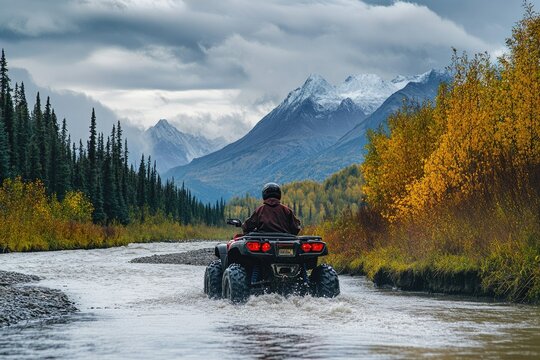 ATV Hunting in Alaskan Wilderness: Quad Bike Crossing River in Snowy Autumn