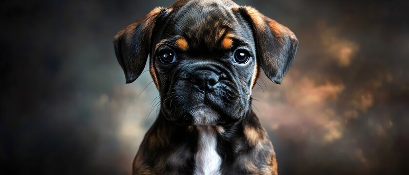 A close-up portrait of a brindled Boxer puppy with large, dark eyes. The puppy is looking directly at the camera with a serious expression, its white chest and muzzle contrasting with its darker coat.