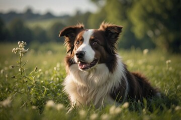 Beautiful and Cute Border Collie Sitting on Top of a Lush Green Field on a Spring Morning