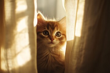 Curious Cat Peeking Through Sheer Curtains in Soft Light