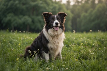 Beautiful and Cute Border Collie Sitting on Top of a Lush Green Field on a Spring Morning