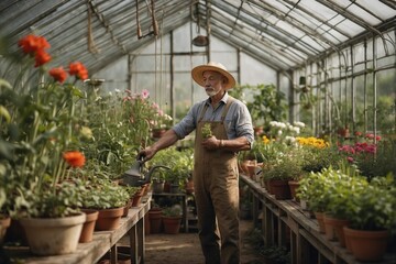 Obraz premium Male Gardener in a Greenhouse Wearing a Straw Hat, Carefully Tending to Plants
