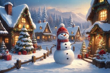 Obraz premium Cute Little Snowman in Hat, with an Adorable Smile, Standing in Front of a Christmas Village