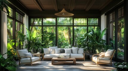 Fototapeta premium Tropical Sunroom with White Couches.