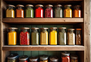 vibrant display fresh pantry essentials glass jars featuring colorful condiments perfect culinary adventures, spices, grains, ingredients, herbs, flavors