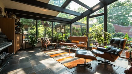 Fototapeta premium Modern sunroom with leather chairs and large windows.
