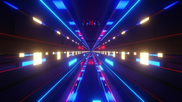 endless forward movement through a dark tunnel with flashing red and blue lights. 3d render looped animation