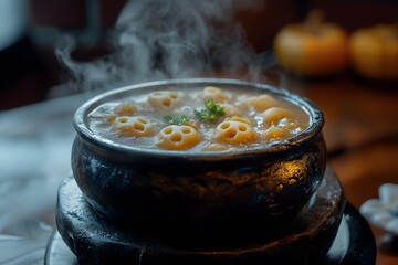 Steaming Halloween Soup with Creepy Skulls in a Black Cauldron
