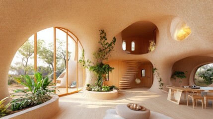 Modern, organic interior design with curved walls, wooden floors, and a view of nature.