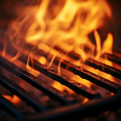 Close-up of a rusty outdoor grill with flames engulfing the metal grates.